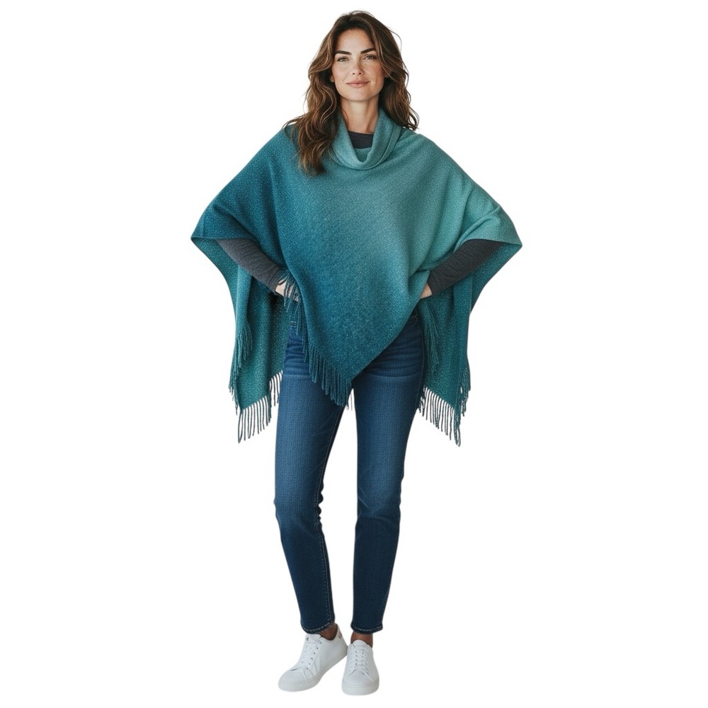 CHICOs Knit Cowl Neck Poncho with Fringe in Teal Ombré Size S/M — SO PRETTY!!! - Picture 8 of 9